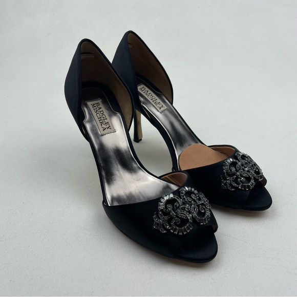 Badgley Mischka Black Satin Embellished Heels Size 8.5 - Picture 4 of 10